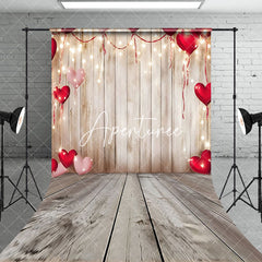 Aperturee - Aperturee Romantic Red Heart Wood Sweep Valentines Day Backdrop
