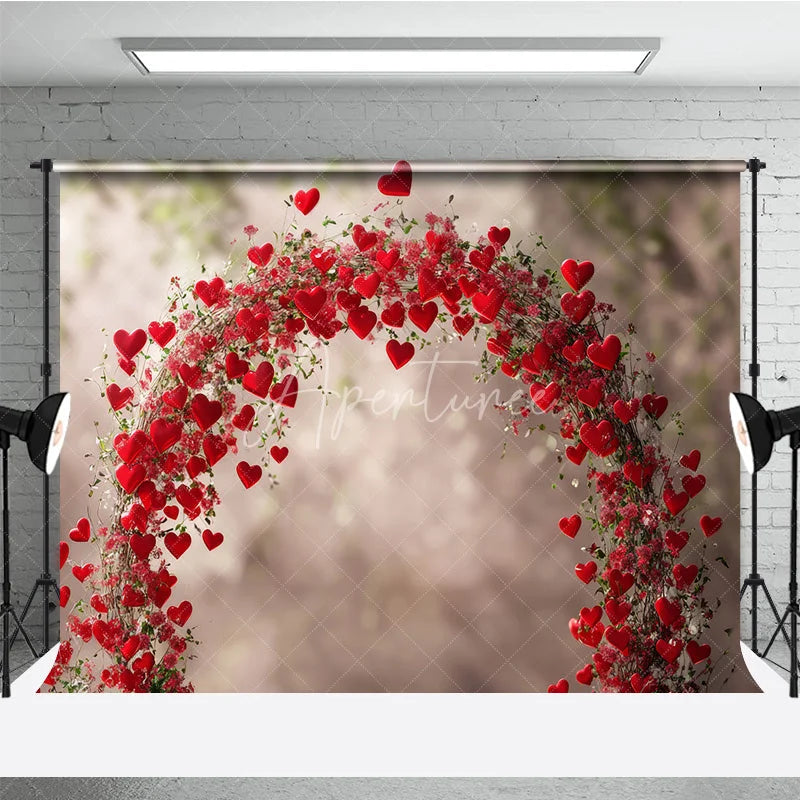 Aperturee - Aperturee Romantic Red Hearts and Floral Arch Photography Backdrop perfect for Valentine’s Day Wedding or Engagement