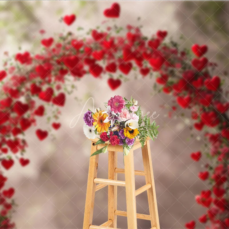 Aperturee - Aperturee Romantic Red Hearts and Floral Arch Photography Backdrop perfect for Valentine’s Day Wedding or Engagement