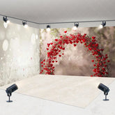 Aperturee - Aperturee Romantic Red Hearts Arch and White Fence Bokeh Lights Room Set Backdrop Valentine’s Day Wedding Decor