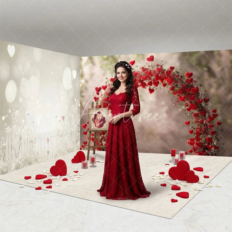Aperturee - Aperturee Romantic Red Hearts Arch and White Fence Bokeh Lights Room Set Backdrop Valentine’s Day Wedding Decor