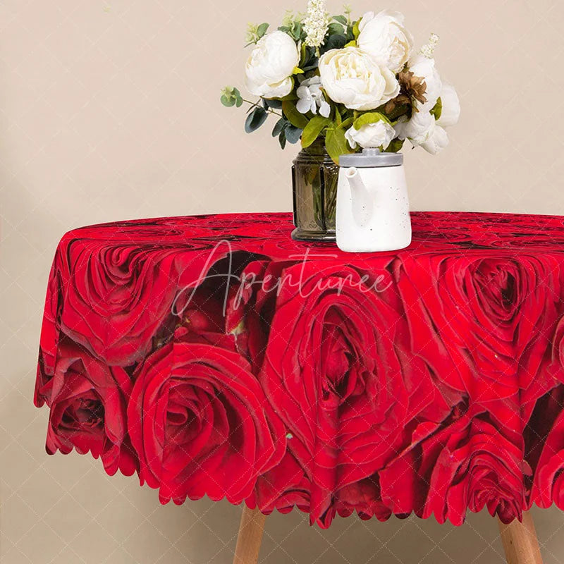 Aperturee - Aperturee Romantic Red Rose Round Tablecloth with Blooming Flowers for Valentine’s Day Wedding or Anniversary