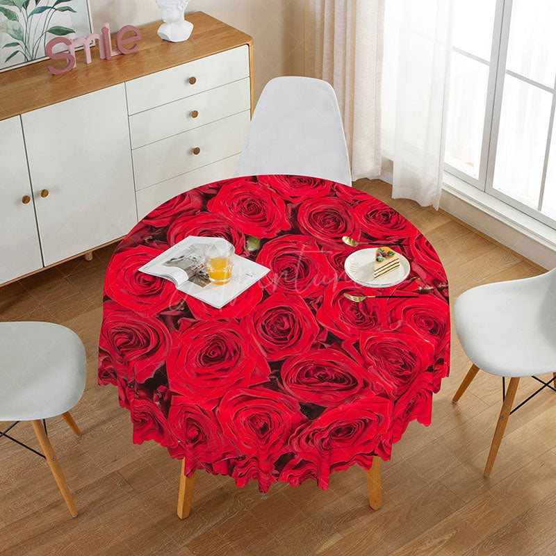Aperturee - Aperturee Romantic Red Rose Round Tablecloth with Blooming Flowers for Valentine’s Day Wedding or Anniversary