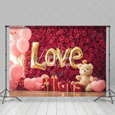 Aperturee - Aperturee Romantic Red Rose Wall Pink Balloon Bear Backdrop