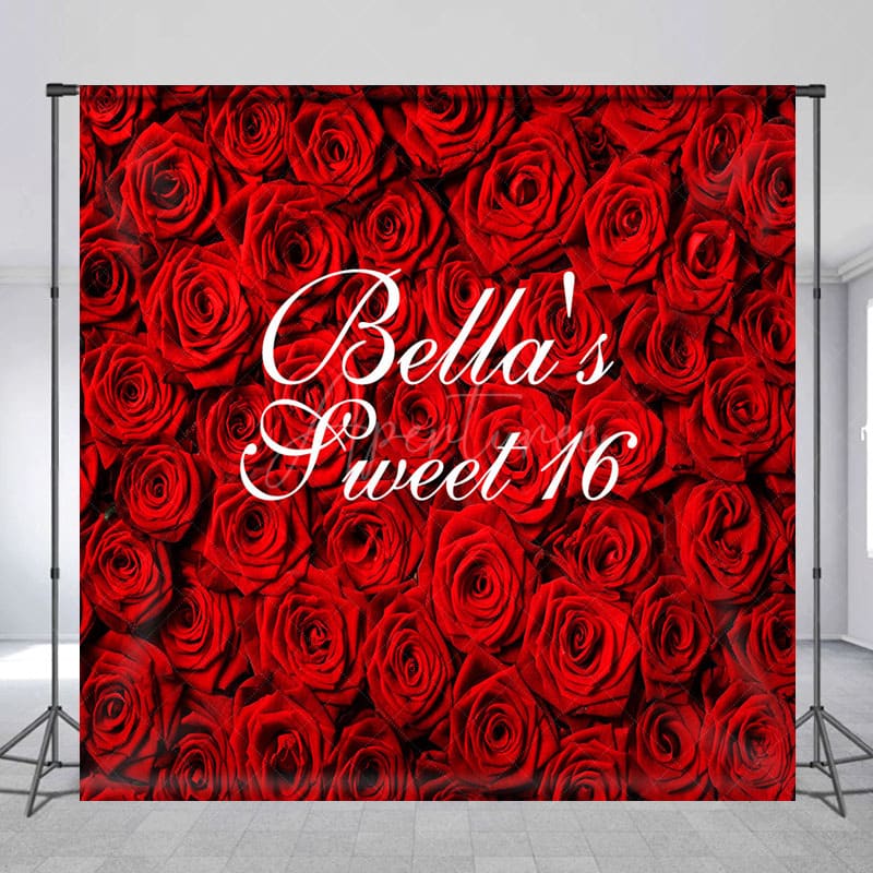 Aperturee - Aperturee Romantic Rose Sweet 16 Custom Name Birthday Backdrop