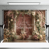 Aperturee - Aperturee Romantic Rustic Wooden Barn Door Photography Backdrop White and Pink Floral Arrangements for Farmhouse Garden