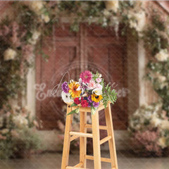 Aperturee - Aperturee Romantic Rustic Wooden Barn Door Photography Backdrop White and Pink Floral Arrangements for Farmhouse Garden