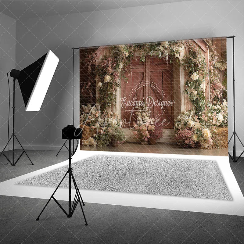 Aperturee - Aperturee Romantic Rustic Wooden Barn Door Photography Backdrop White and Pink Floral Arrangements for Farmhouse Garden