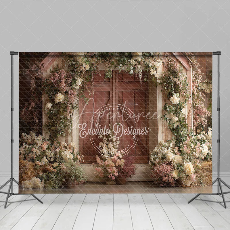 Aperturee - Aperturee Romantic Rustic Wooden Barn Door Photography Backdrop White and Pink Floral Arrangements for Farmhouse Garden
