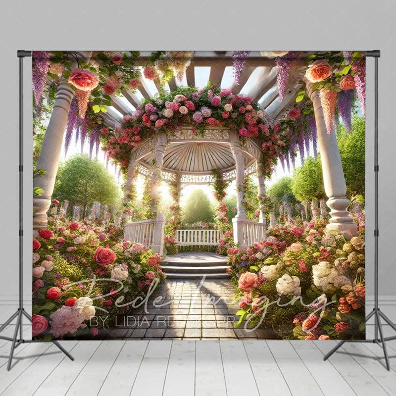 Aperturee - Aperturee Romantic Spring Floral Gazeb Wedding Photo Backdrop