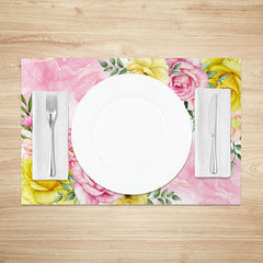 Aperturee - Aperturee Romantic Spring Floral Placemats Set of 4 in Pink and Yellow for Wedding and Bridal Shower Decor