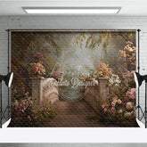 Aperturee - Aperturee Romantic Stone Bridge and Pink Flowers Photography Backdrop Enchanted Garden Forest Path Scene