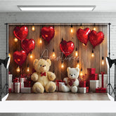 Aperturee - Aperturee Romantic Valentine Day Backdrop Red Heart Balloons Teddy Bear Lights Background Love Theme Photography Prop