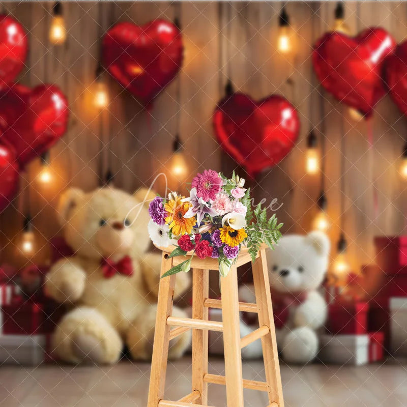 Aperturee - Aperturee Romantic Valentine Day Backdrop Red Heart Balloons Teddy Bear Lights Background Love Theme Photography Prop