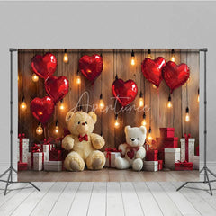 Aperturee - Aperturee Romantic Valentine Day Backdrop Red Heart Balloons Teddy Bear Lights Background Love Theme Photography Prop
