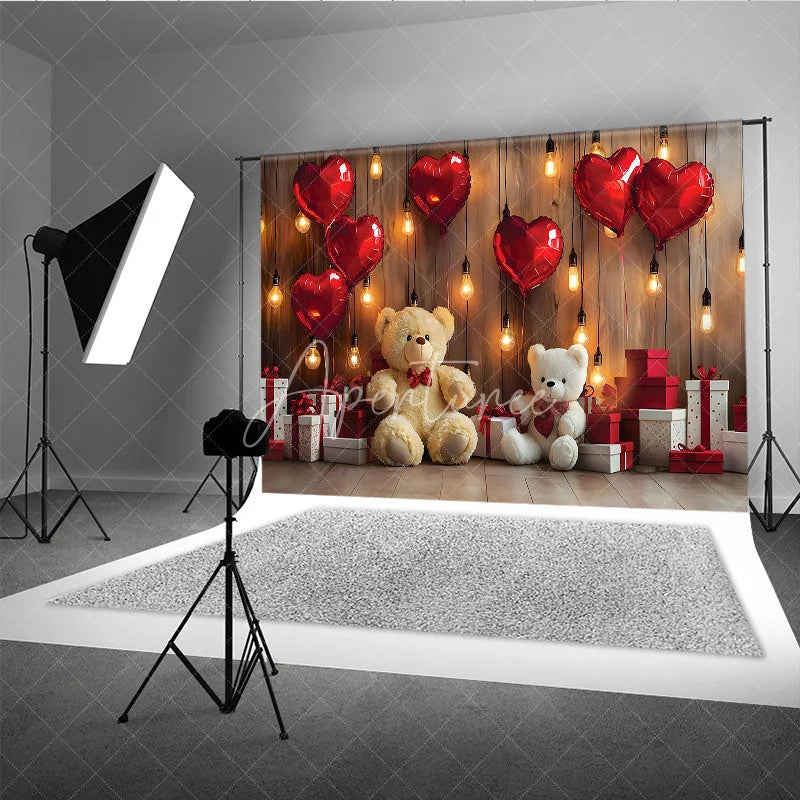 Aperturee - Aperturee Romantic Valentine Day Backdrop Red Heart Balloons Teddy Bear Lights Background Love Theme Photography Prop