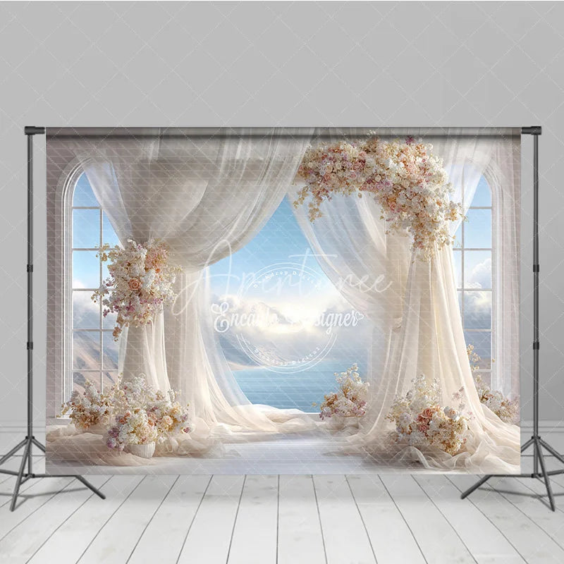 Aperturee - Aperturee Romantic Wedding Arch Backdrop Window View with Ocean Sky Sheer Curtains and Floral Decor for Bridal Shower