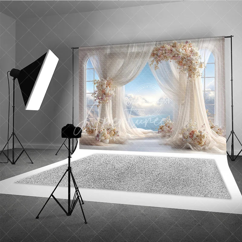 Aperturee - Aperturee Romantic Wedding Arch Backdrop Window View with Ocean Sky Sheer Curtains and Floral Decor for Bridal Shower