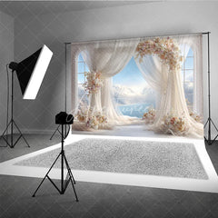 Aperturee - Aperturee Romantic Wedding Arch Backdrop Window View with Ocean Sky Sheer Curtains and Floral Decor for Bridal Shower