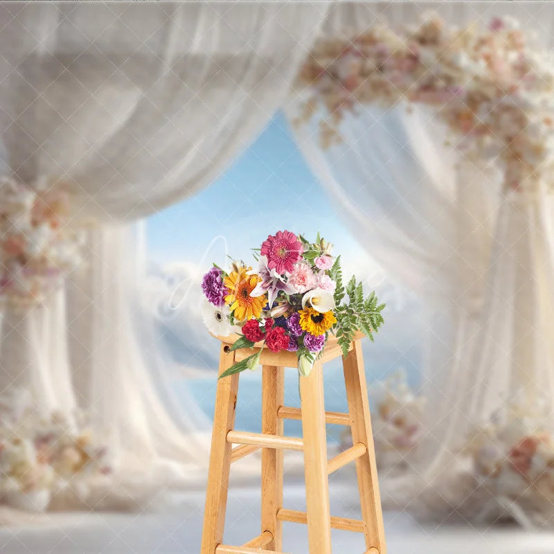 Aperturee - Aperturee Romantic Wedding Arch Backdrop Window View with Ocean Sky Sheer Curtains and Floral Decor for Bridal Shower