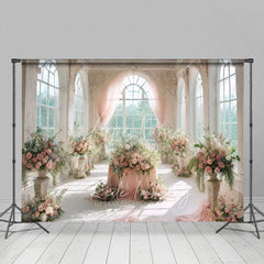 Aperturee - Aperturee Romantic White Castle Wedding Backdrop Pink Curtains and Floral Table Centerpiece Photography Background for Party