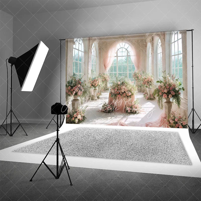 Aperturee - Aperturee Romantic White Castle Wedding Backdrop Pink Curtains and Floral Table Centerpiece Photography Background for Party