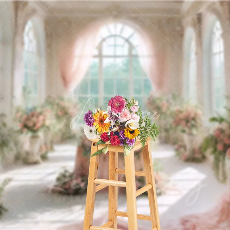 Aperturee - Aperturee Romantic White Castle Wedding Backdrop Pink Curtains and Floral Table Centerpiece Photography Background for Party