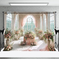 Aperturee - Aperturee Romantic White Castle Wedding Backdrop Pink Curtains and Floral Table Centerpiece Photography Background for Party