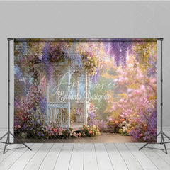 Aperturee - Aperturee Romantic White Gazebo Photography Backdrop Enchanted Garden with Wisteria and Roses Spring Floral Party Decor