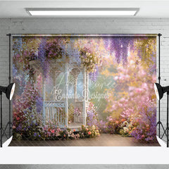 Aperturee - Aperturee Romantic White Gazebo Photography Backdrop Enchanted Garden with Wisteria and Roses Spring Floral Party Decor
