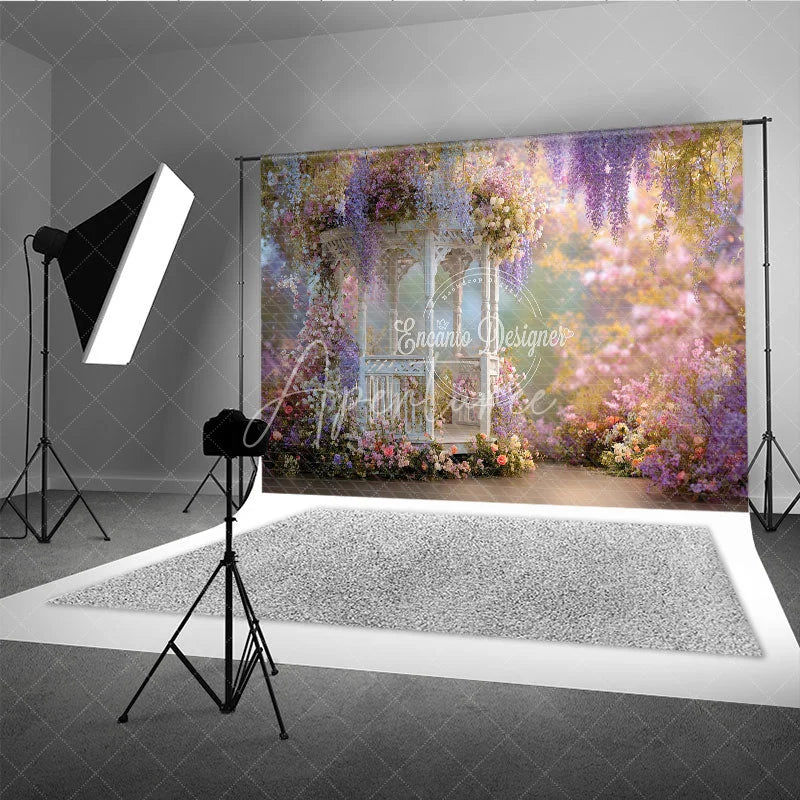 Aperturee - Aperturee Romantic White Gazebo Photography Backdrop Enchanted Garden with Wisteria and Roses Spring Floral Party Decor