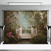 Aperturee - Aperturee Romantic White Wooden Bridge with Pink Flowers Photography Backdrop Enchanted Garden Forest Path for Portraits
