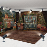 Aperturee - Aperturee Room Set Backdrop Vintage Blue Cabinet Christmas Tree Interior Background Luxury Living Room Holiday Party Decoration