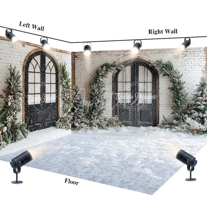 Aperturee - Aperturee Room Set Backdrop White Brick Wall Arched Window Snowy Pine Background Winter Courtyard Holiday Party Decoration