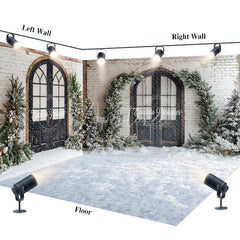 Aperturee - Aperturee Room Set Backdrop White Brick Wall Arched Window Snowy Pine Background Winter Courtyard Holiday Party Decoration