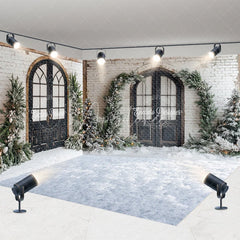 Aperturee - Aperturee Room Set Backdrop White Brick Wall Arched Window Snowy Pine Background Winter Courtyard Holiday Party Decoration