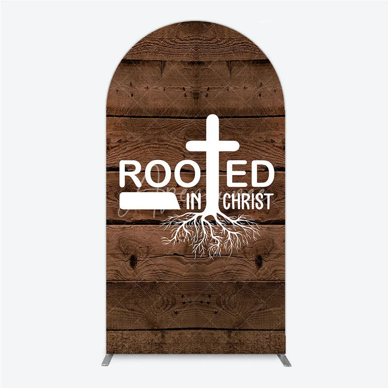 Aperturee - Aperturee Rooted In Christ Religious Holiday Arch Backdrop Dark Wood Texture Cross Party Cover