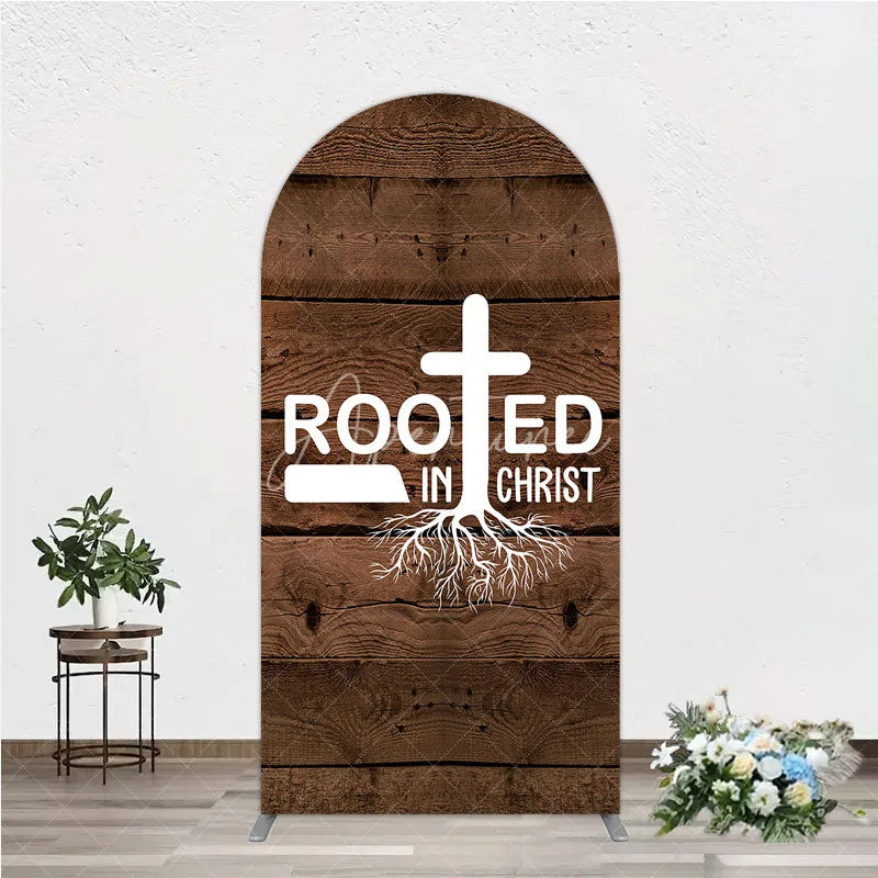 Aperturee - Aperturee Rooted In Christ Religious Holiday Arch Backdrop Dark Wood Texture Cross Party Cover
