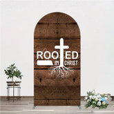 Aperturee - Aperturee Rooted In Christ Religious Holiday Arch Backdrop Dark Wood Texture Cross Party Cover