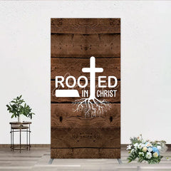 Aperturee - Aperturee Rooted In Christ Religious Holiday Rectangle Backdrop Dark Wood Texture Cross Party Cover