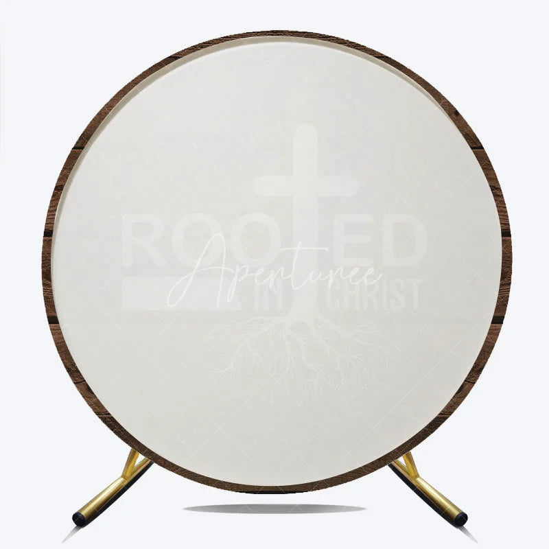 Aperturee - Aperturee Rooted in Christ Round Backdrop Religious Cross with Roots on Rustic Wood Background Christian Celebration Party Decor