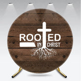 Aperturee - Aperturee Rooted in Christ Round Backdrop Religious Cross with Roots on Rustic Wood Background Christian Celebration Party Decor