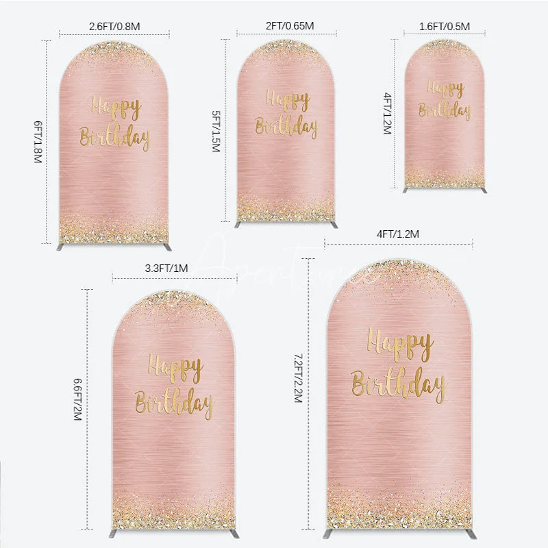 Aperturee - Aperturee Rose Gold and Gold Glitter Happy Birthday Round Top Arch Backdrop Elegant Diamond Celebration Party Decor