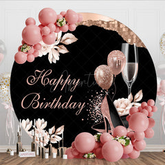 Aperturee - Aperturee Rose Gold Floral High Heel Birthday Round Backdrop
