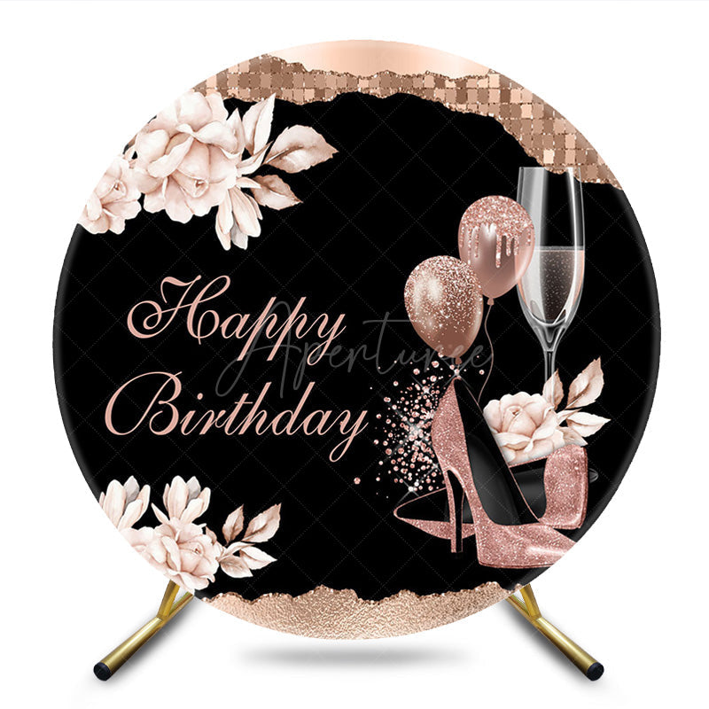 Aperturee - Aperturee Rose Gold Floral High Heel Birthday Round Backdrop