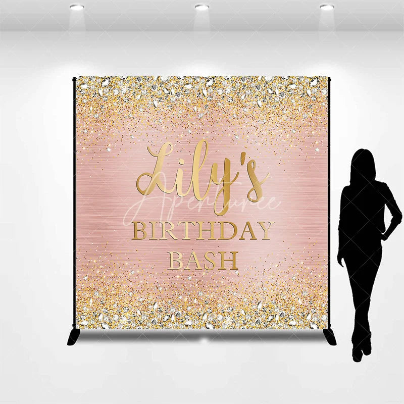Aperturee - Aperturee Rose Gold Glitter and Diamond Custom Birthday Backdrop Personalized Party Bash Decor