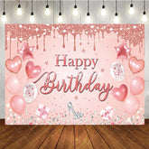 Aperturee - Aperturee Rose Gold Glitter Drip Happy Birthday Backdrop with Pink Balloons and Diamond High Heel Elegant Party Decor
