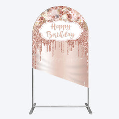 Aperturee - Aperturee Rose Gold Glitter Flowers Birthday Arch Backdrop