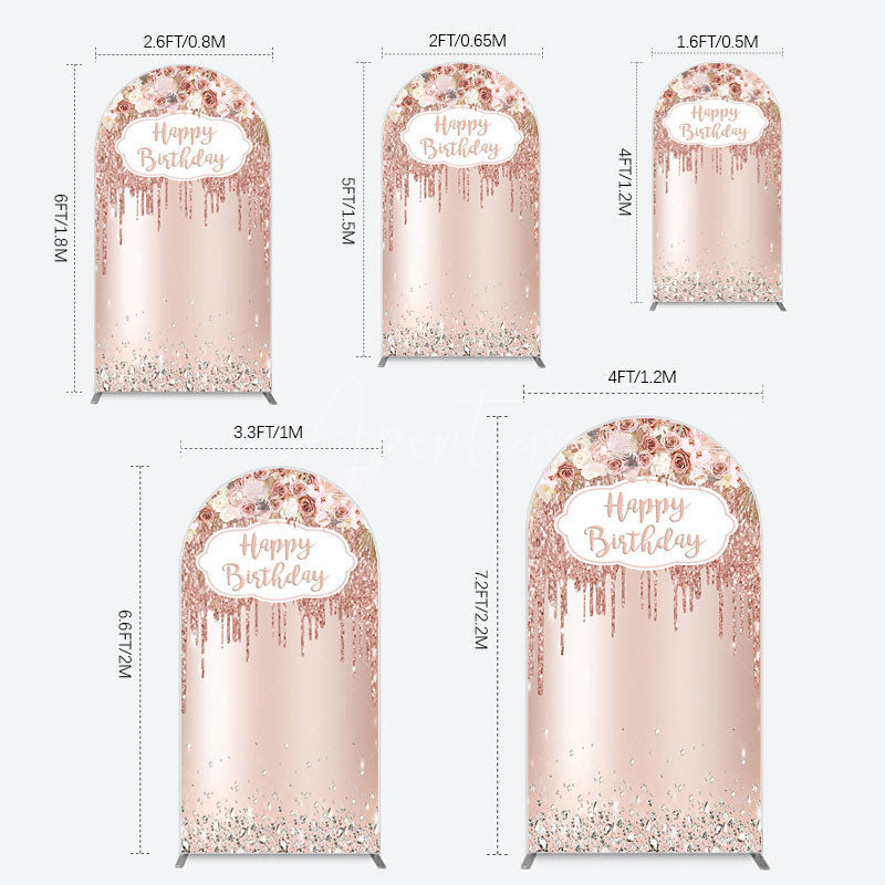 Aperturee - Aperturee Rose Gold Glitter Flowers Birthday Arch Backdrop