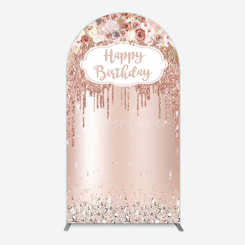 Aperturee - Aperturee Rose Gold Glitter Flowers Birthday Arch Backdrop